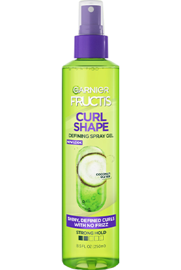 Curl Shape Spray Gel bottle, front view.